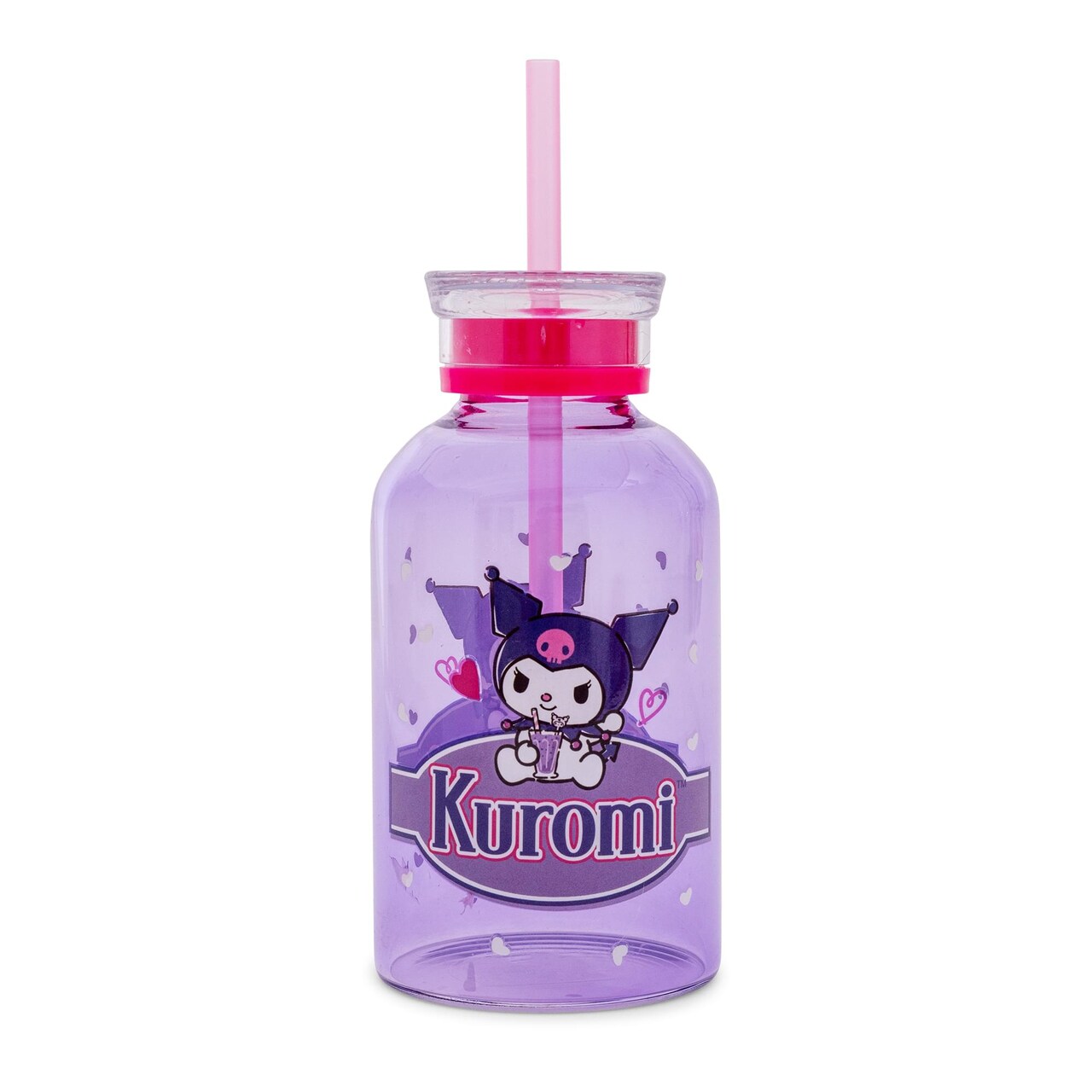 Sanrio Kuromi Hearts Glass Milk Bottle With Straw | Holds 15 Ounces